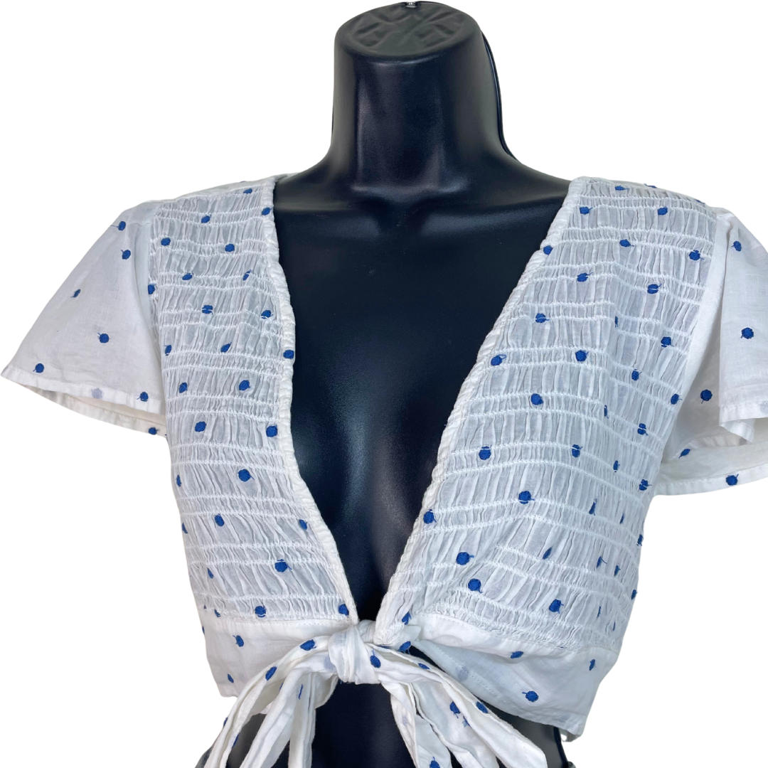 Cropped Tie Front Polka Dot Top