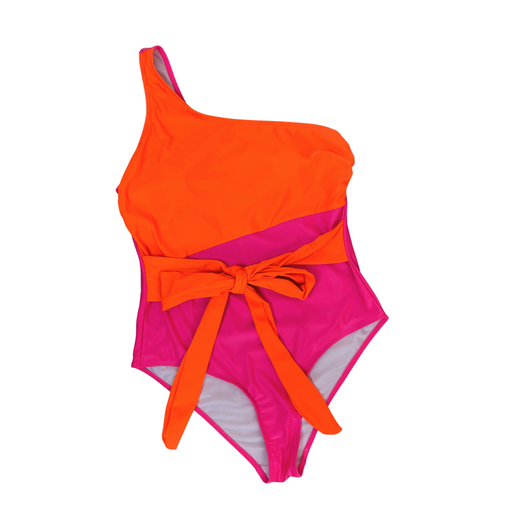 One Shoulder Neon Pink & Orange Swimsuit