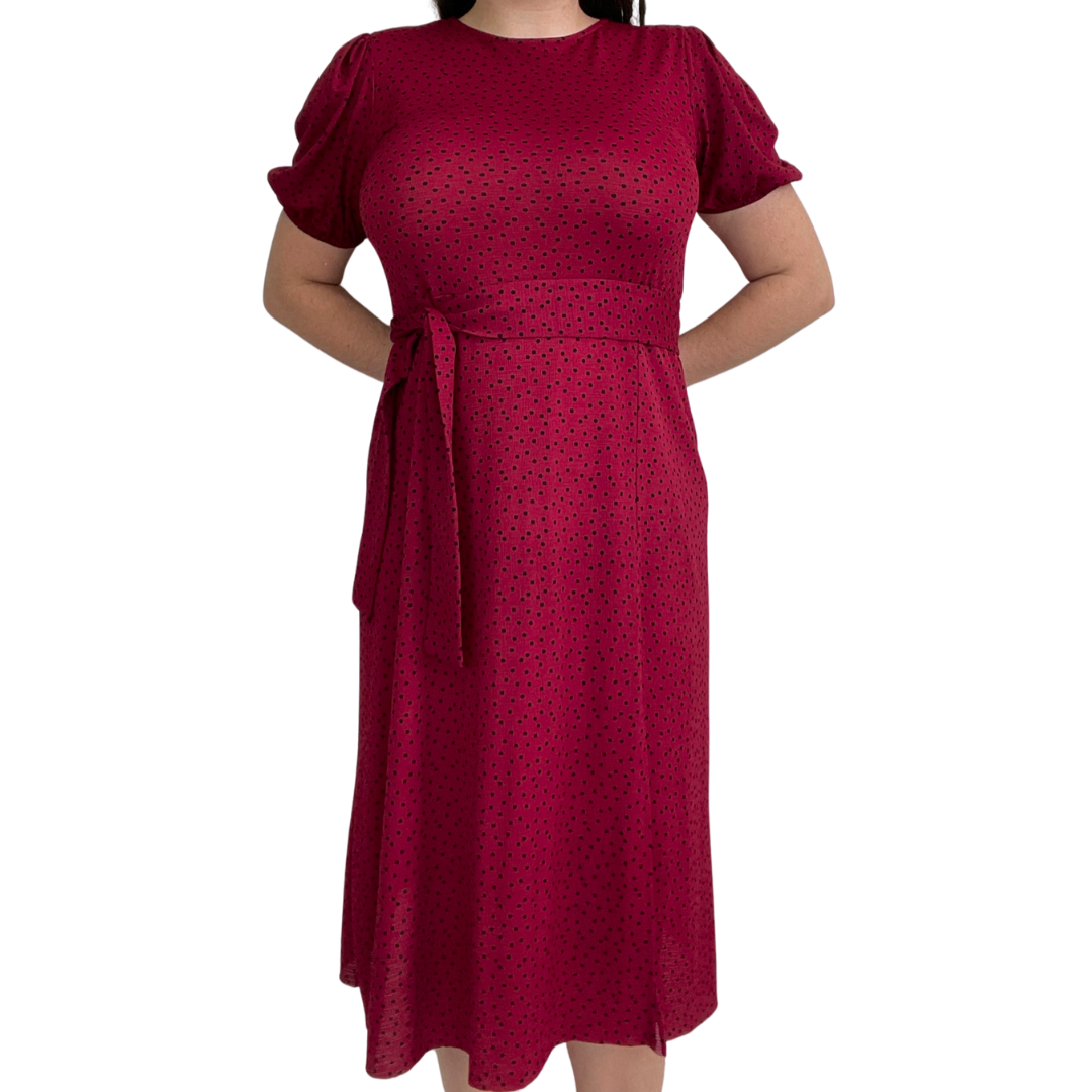 Wine Red Polka Dot Midi Dress