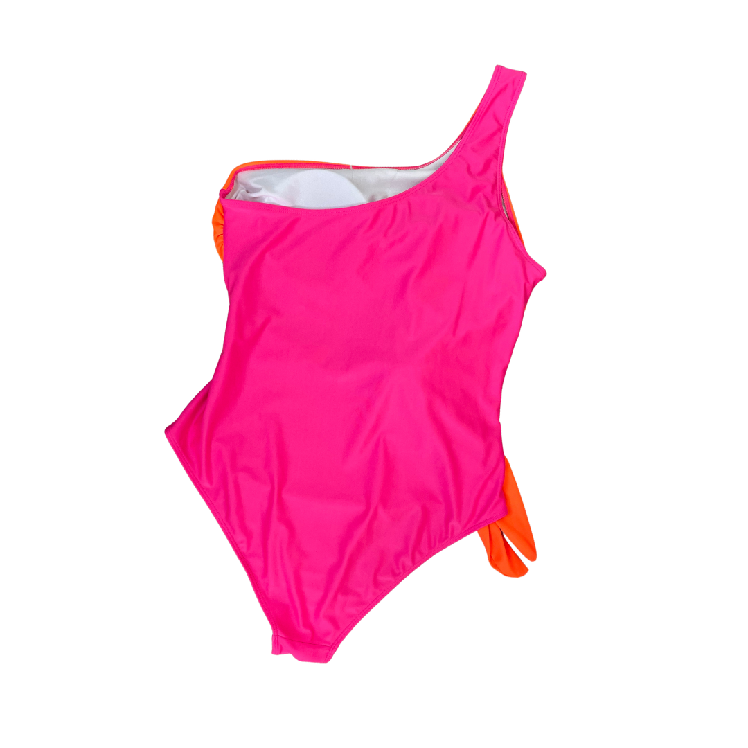One Shoulder Neon Pink & Orange Swimsuit