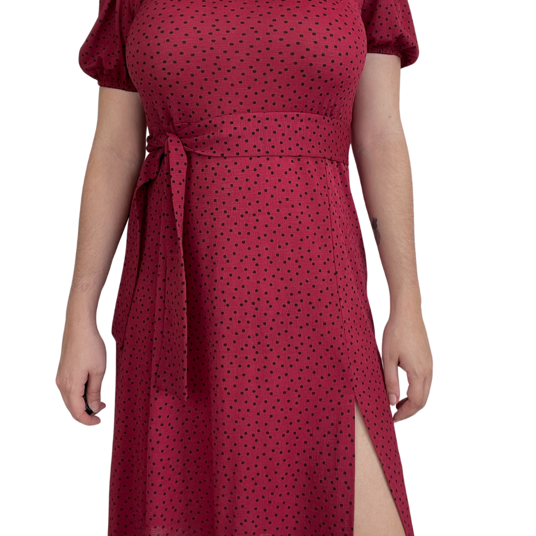 Wine Red Polka Dot Midi Dress