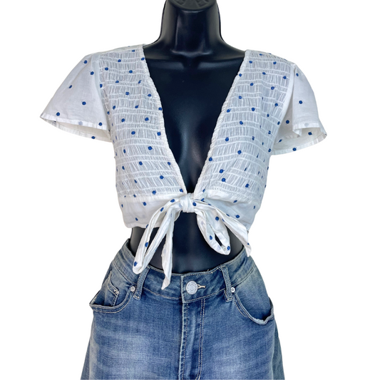 Cropped Tie Front Polka Dot Top